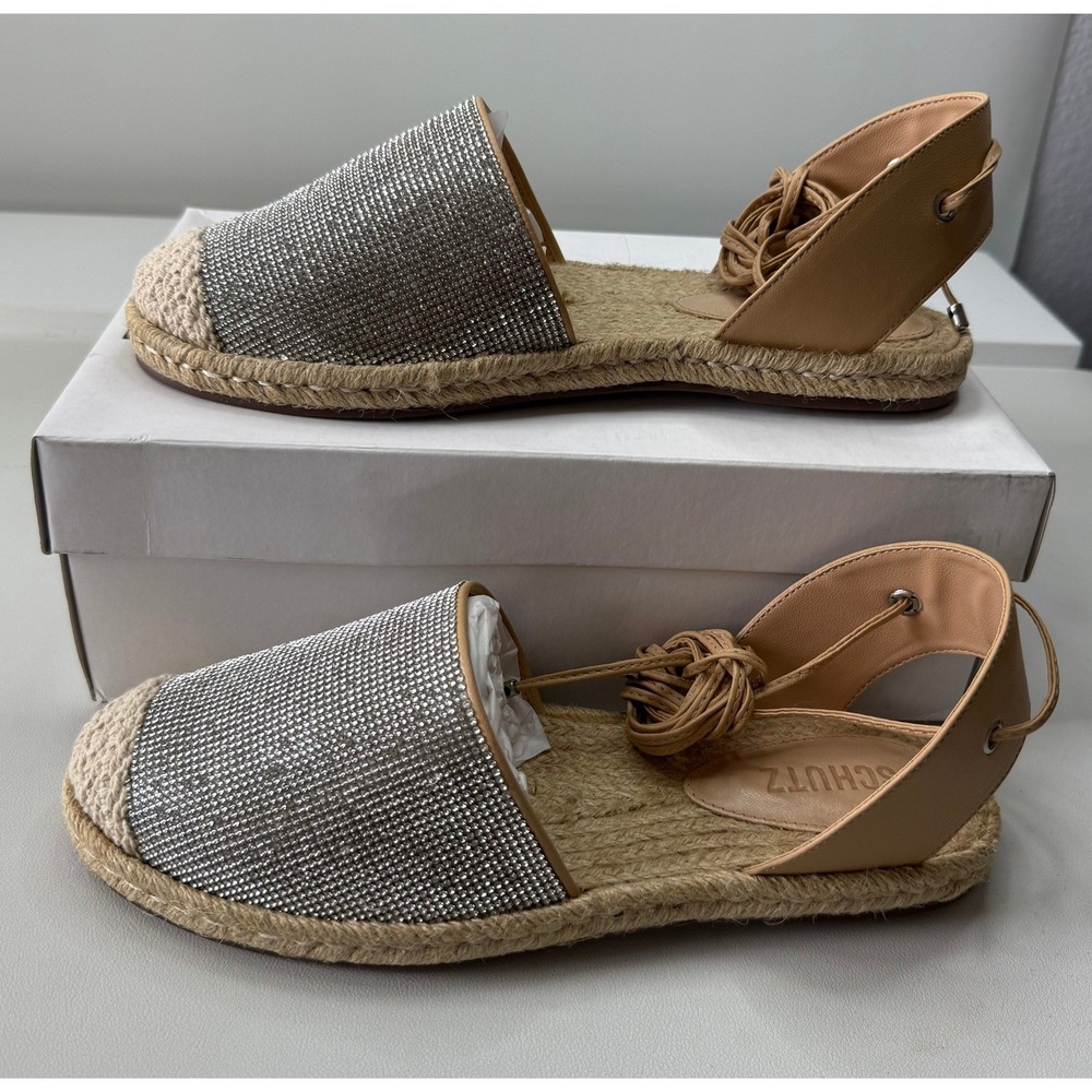 Schutz Celinah‎ Espadrille Nude Silver Crystal Lace Up Flat Sandals 8.5B New